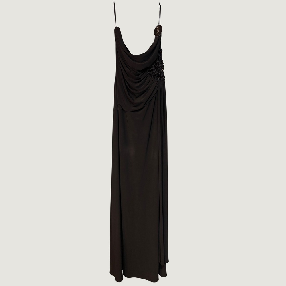 Thea Dora Black Beaded Cowl Neck Maxi Gown Dress 16 Made in USA (READ)